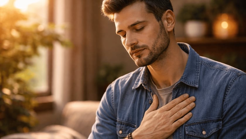 Homem de barba, com camisa jeans, olhos fechados e mão no peito, sentado em um sofá.
