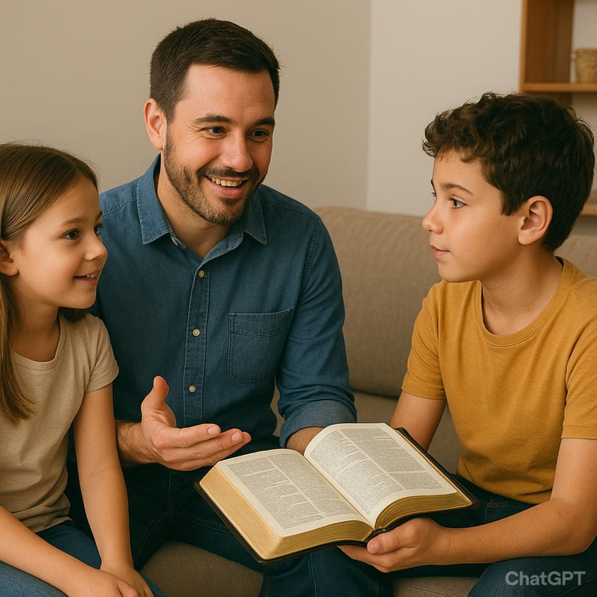 Homem fala com menina e menino segurando livro aberto, no sofá "ChatGPT"