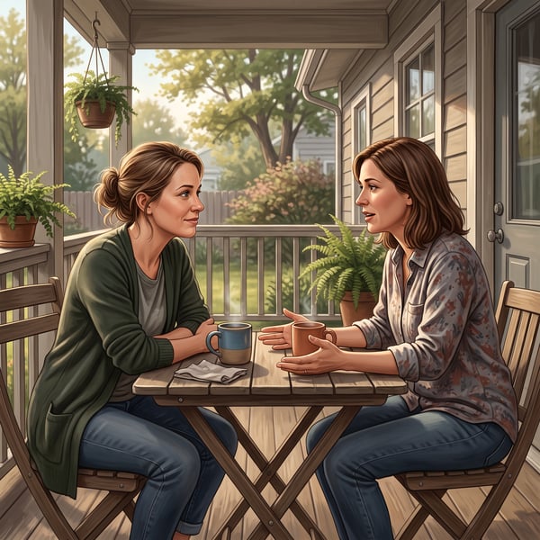 Duas mulheres conversam à mesa de uma varanda, com canecas à frente e plantas ao redor.