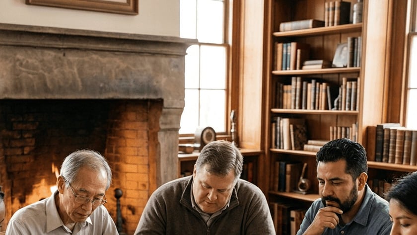 Quatro pessoas leem e estudam livros em uma mesa rústica, diante de uma lareira.