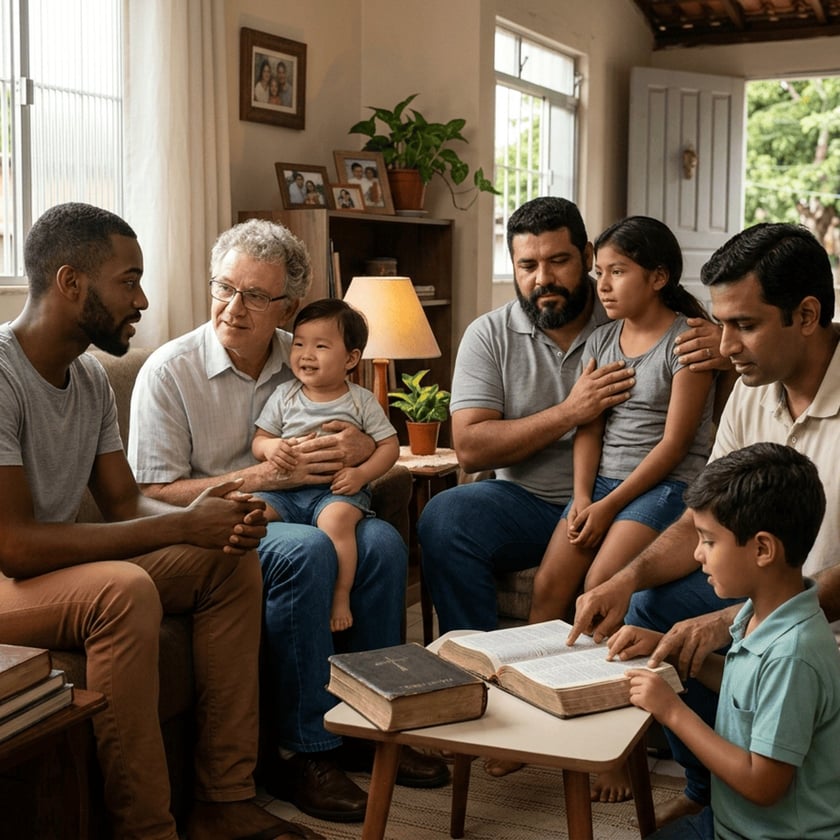 Homens e crianças reunidos numa sala, lendo uma Bíblia aberta sobre a mesa de centro.