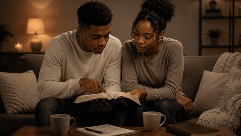 Homem e mulher sentados no sofá apontam para uma Bíblia aberta, com canecas e caderno na mesa.