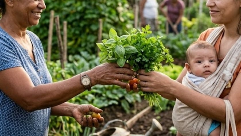 Duas mulheres trocam um maço de ervas numa horta comunitária; uma carrega um bebê.