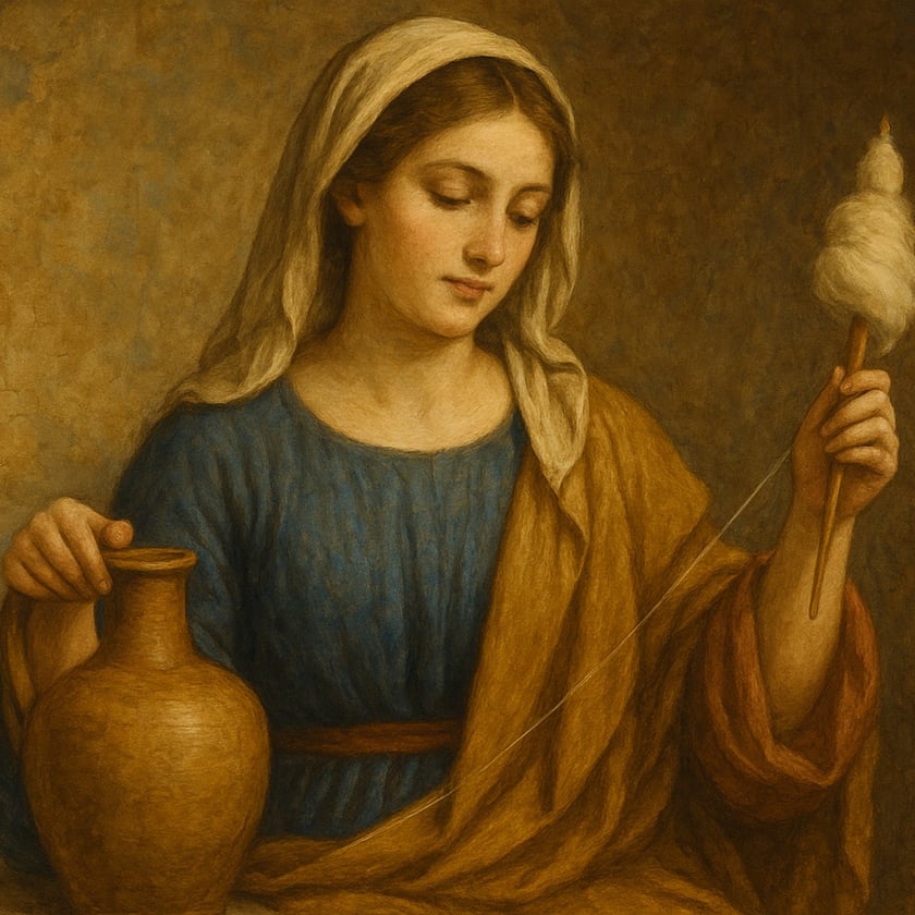 Mulher de manto claro na cabeça fia lã com um fuso, ao lado de uma jarra.