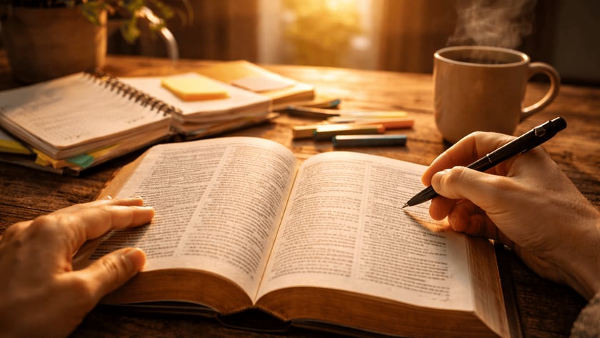 Mãos de uma pessoa sobre um livro aberto, com caneta, cadernos e xícara na mesa.