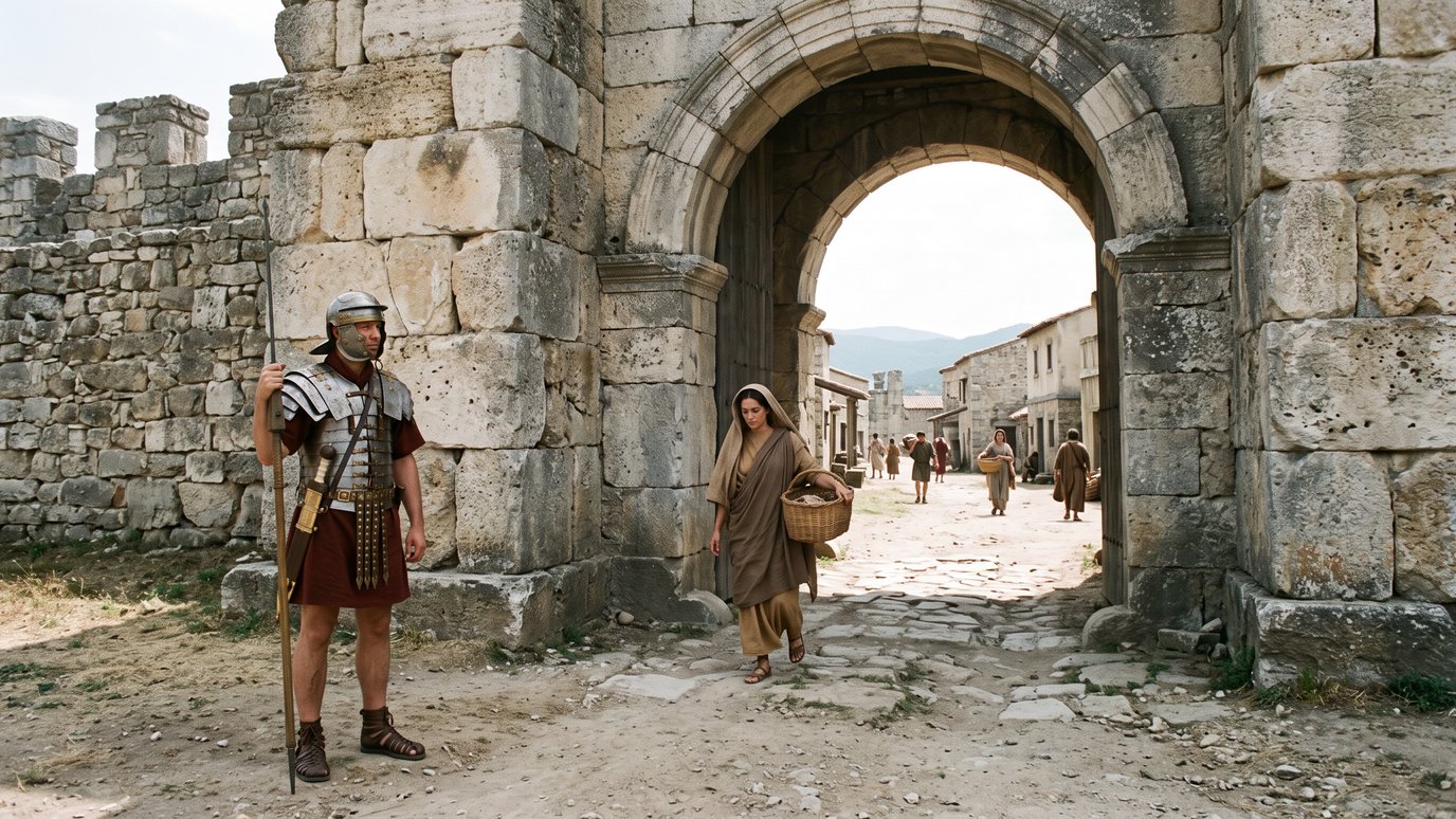 Soldado romano de guarda ao lado de um portão de pedra, enquanto uma mulher com cesta passa.