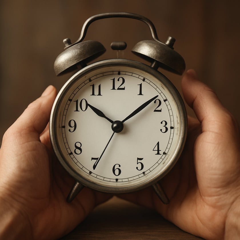 Duas mãos seguram um despertador clássico de metal com dois sinos, marcando 10h08.