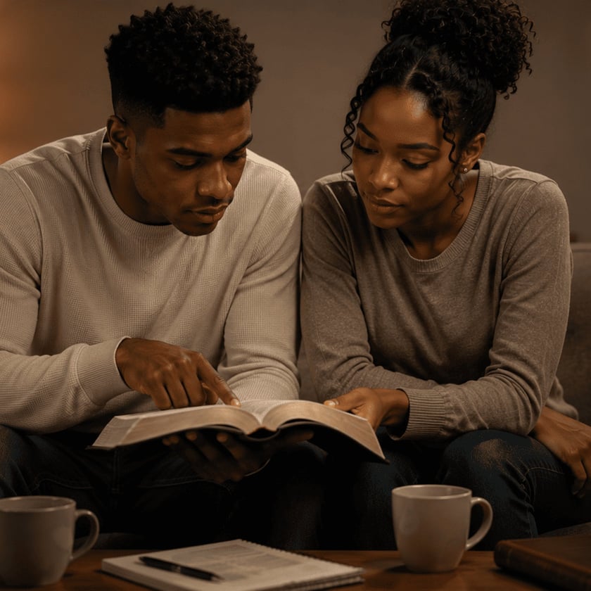 Homem e mulher sentados no sofá apontam para uma Bíblia aberta, com canecas e caderno na mesa.