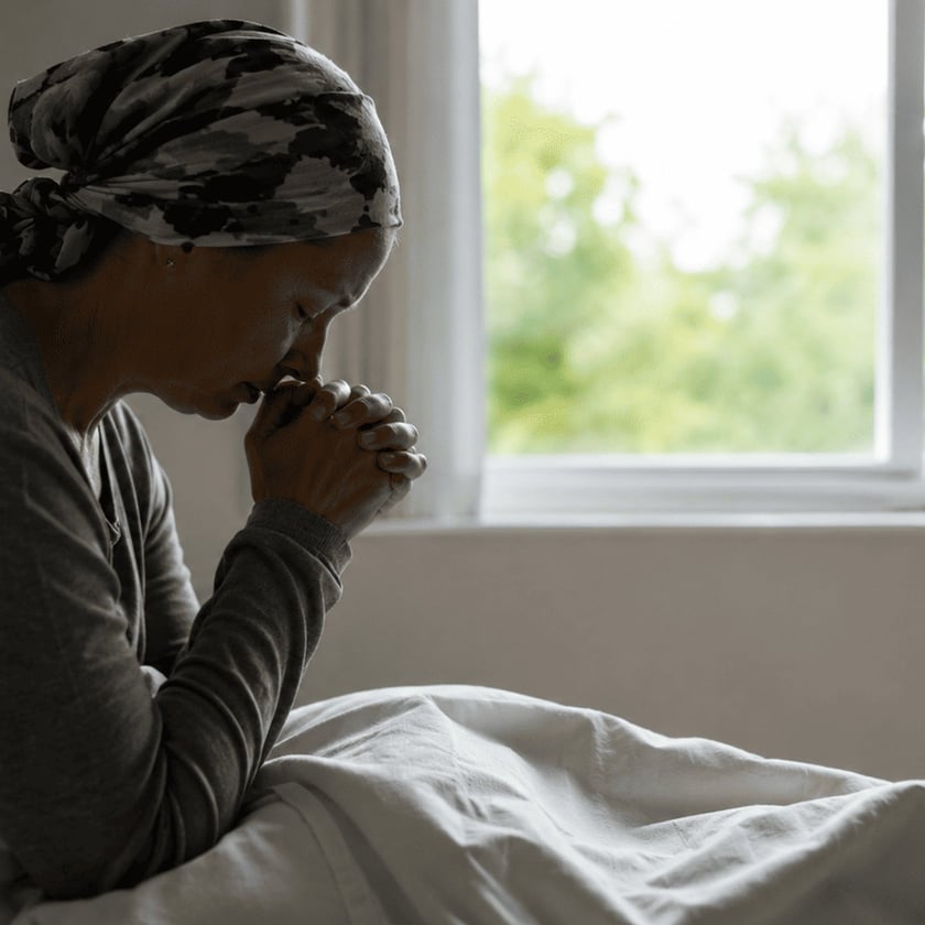 Mulher de lenço na cabeça, sentada na cama, com as mãos unidas junto ao rosto.