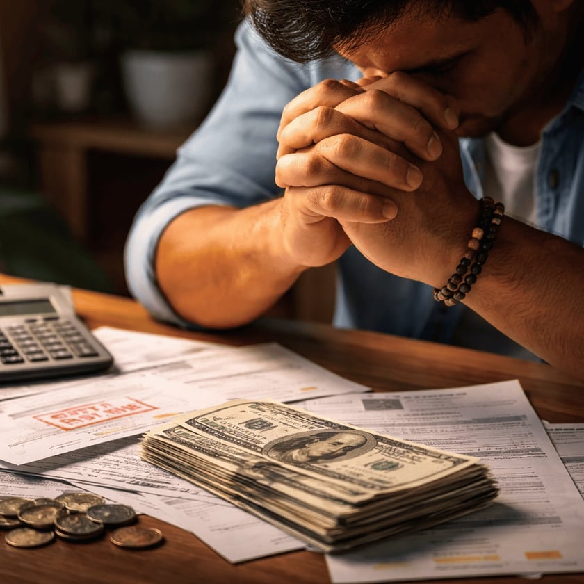 Homem com as mãos unidas no rosto diante de contas, calculadora, notas de dólar e moedas.