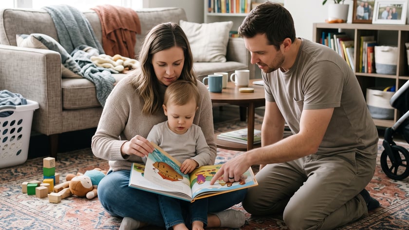 Mulher, homem e criança pequena sentados no tapete da sala, olhando juntos um livro ilustrado.