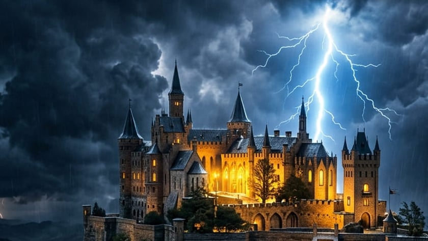 Castelo medieval iluminado no alto de um penhasco durante tempestade com raios.