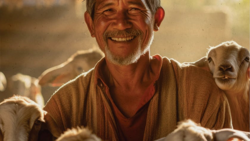 Homem de bigode e barba grisalha sorri cercado por cabras e ovelhas.