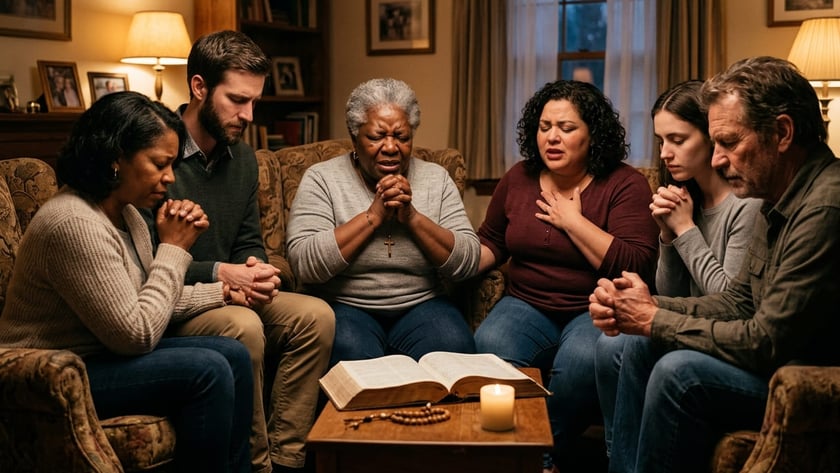 Cinco pessoas rezam de mãos postas numa sala, com uma Bíblia aberta e uma vela à frente.