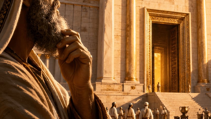 Homem barbudo de perfil observa um grande templo de mármore e ouro, com sacerdotes no pátio.