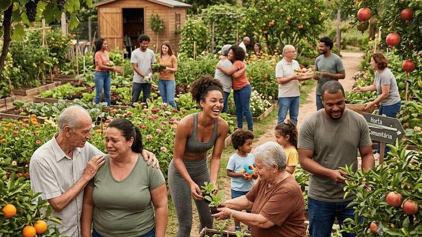 Pessoas de várias idades conversam, se abraçam e cuidam de plantas em uma horta comunitária.
