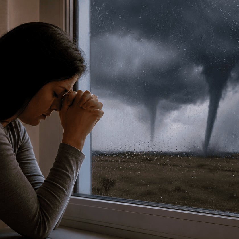 Mulher de cabeça baixa e mãos unidas junto à janela, com tornados lá fora.