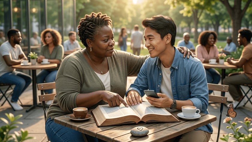 Mulher aponta um livro aberto a um jovem com celular, em café ao ar livre.