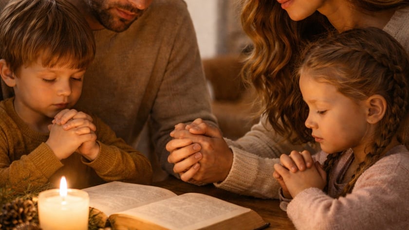 Família de quatro pessoas reza de mãos postas à mesa, com Bíblia aberta e vela.
