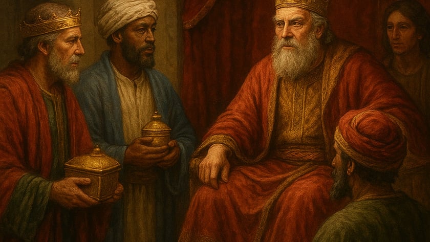 Dois homens com presentes dourados diante de um rei barbudo sentado em um trono.