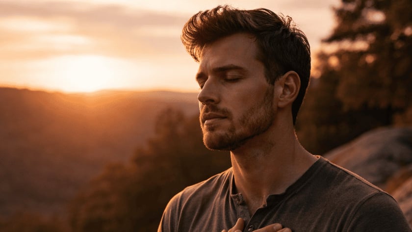 Homem de olhos fechados e mãos sobre o peito, em um mirante rochoso ao pôr do sol.