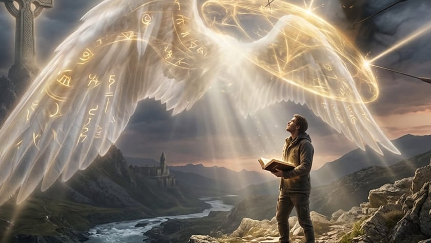 Homem com um livro aberto olha para grandes asas luminosas sobre montanhas e um rio.