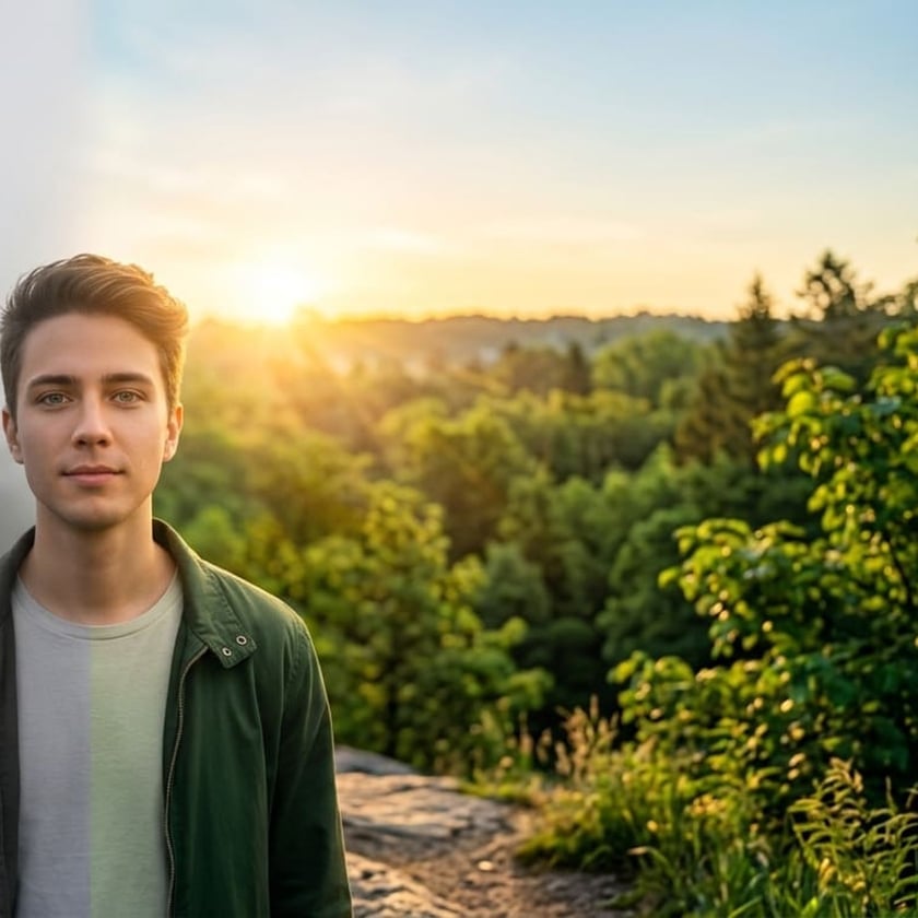 Jovem de jaqueta verde posa em mirante rochoso com floresta e sol ao fundo.