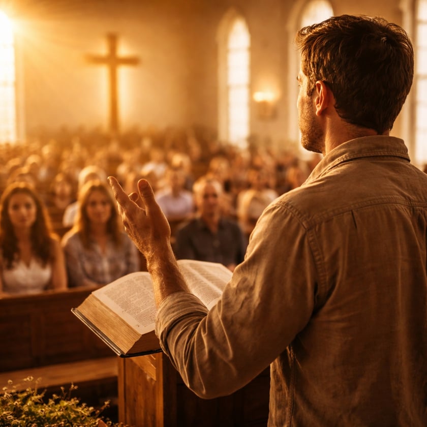 Homem de costas gesticula diante de uma congregação numa igreja, com uma Bíblia aberta no púlpito.