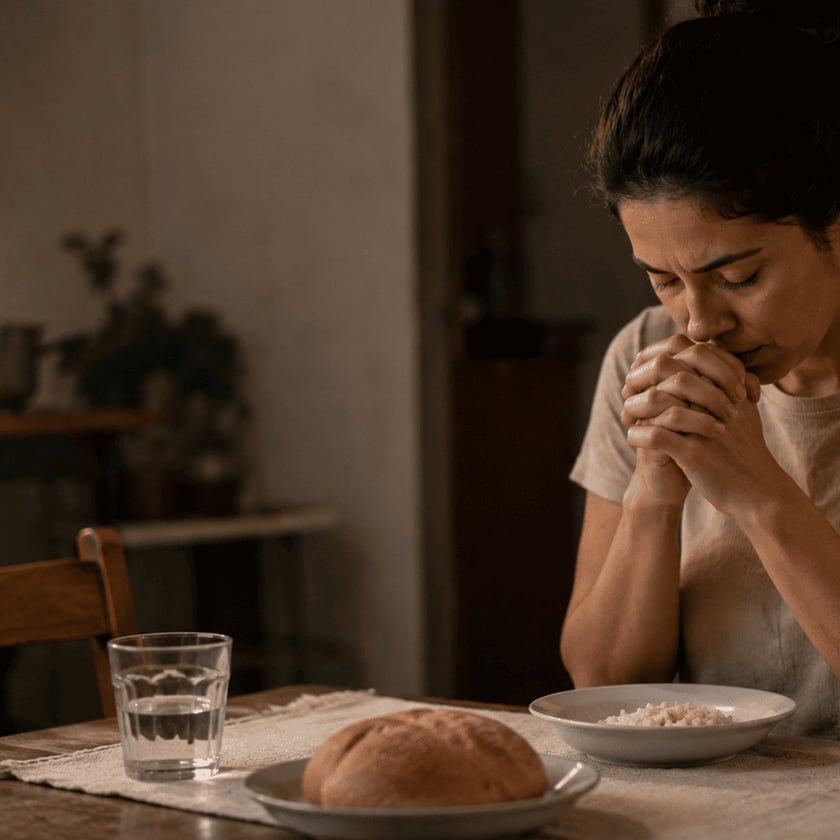 Mulher de olhos fechados e mãos juntas diante de pão, arroz e copo d'água.