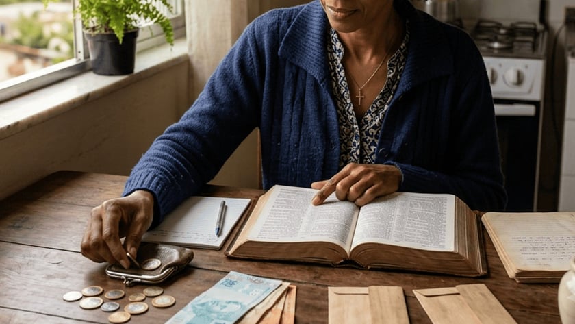 Mulher sentada à mesa lê uma Bíblia ao lado de dinheiro, moedas e envelopes.