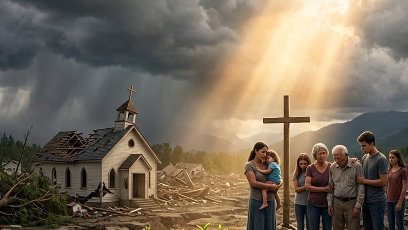 Família de cinco pessoas ao lado de uma cruz, diante de igreja destruída.