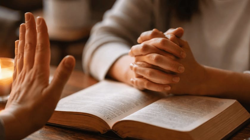 Uma mão espalmada recusa, enquanto outra pessoa de mãos unidas está diante de uma Bíblia aberta.