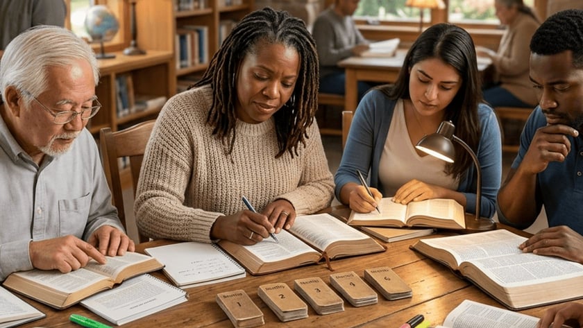 Pessoas de várias idades estudam Bíblias abertas em uma mesa de madeira numa biblioteca.