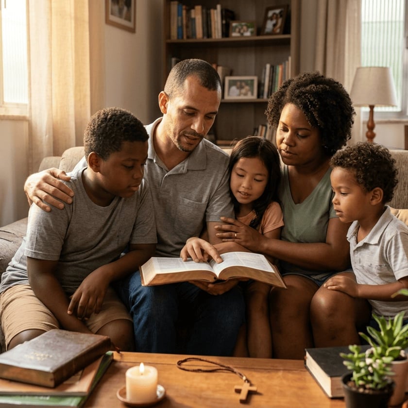 Família com três crianças lê a Bíblia junta no sofá da sala.