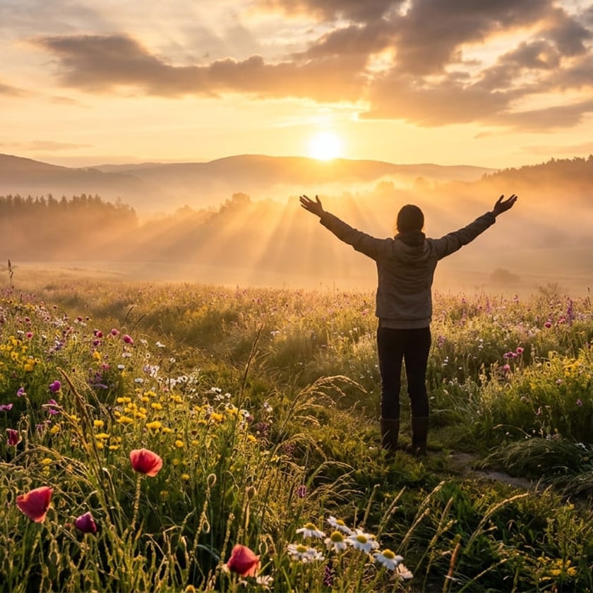 Pessoa de costas, com os braços abertos, em um campo de flores silvestres ao nascer do sol.