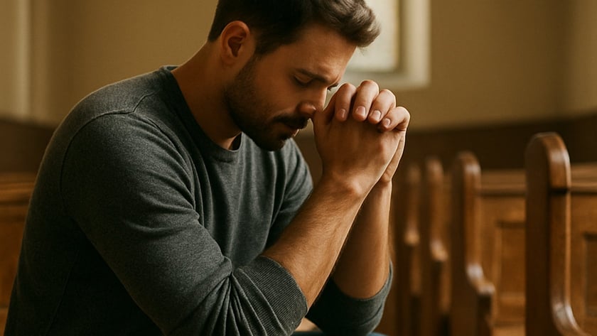 Homem de barba com as mãos unidas junto ao rosto, rezando sentado em um banco de igreja.