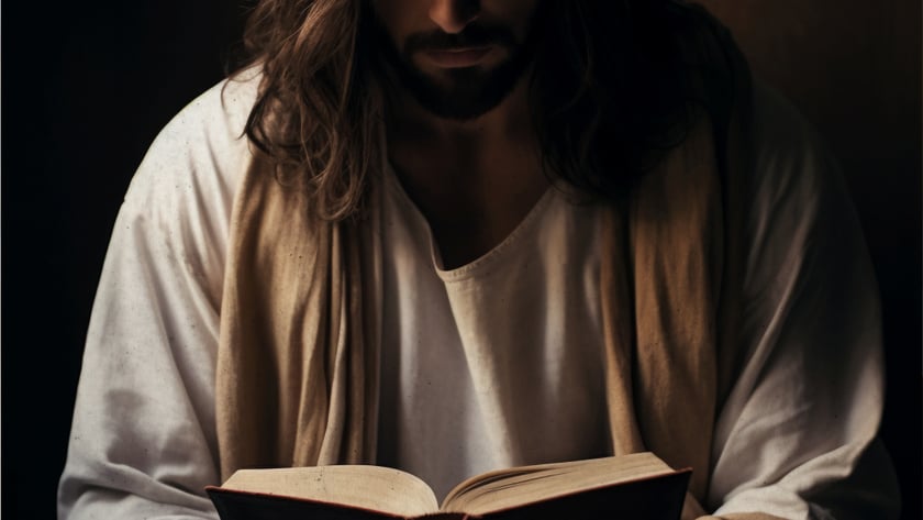 Homem de cabelo comprido e barba, com túnica branca, lê um livro aberto.