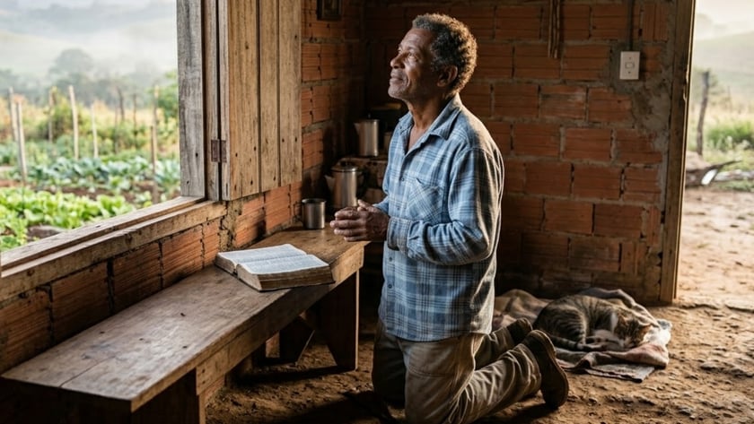 Homem ajoelhado com as mãos unidas, olhando para cima, ao lado de uma Bíblia aberta.