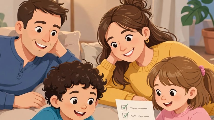 Família deitada na sala olha um livro aberto e uma lista com itens marcados.