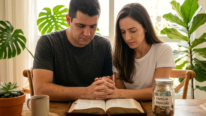 Casal de mãos postas e olhos fechados diante de uma Bíblia aberta e um pote "FAMÍLIA PROVISÃO".