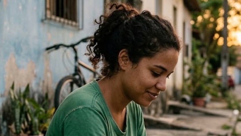 Mulher de cabelo cacheado e camiseta verde sentada na calçada, olhando para baixo