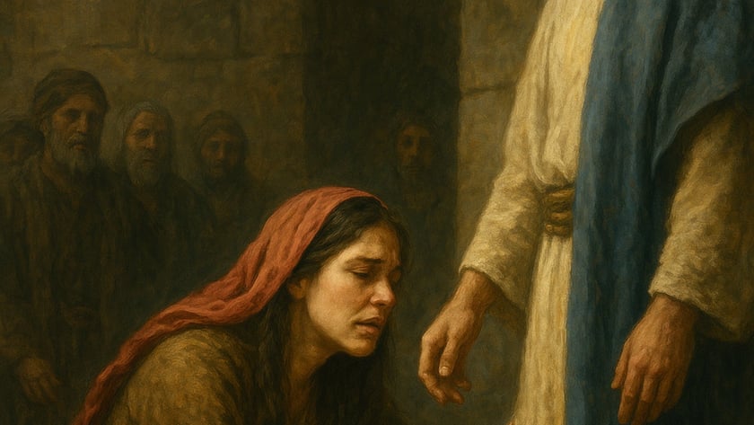 Mulher ajoelhada de lenço vermelho toca a barra da veste de um homem; homens observam ao fundo.