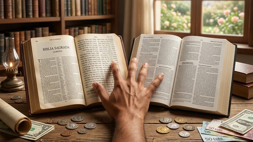 Mão sobre duas Bíblias abertas, com moedas e cédulas na mesa: "Bíblia Sagrada".