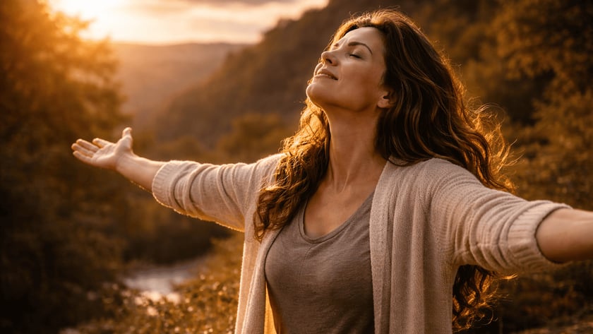 Mulher de cabelos longos e ondulados, de braços abertos e olhos fechados, em um vale ao pôr do sol.