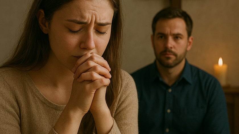 Mulher de mãos postas e olhos fechados, com um homem sentado atrás dela, diante de uma cruz.
