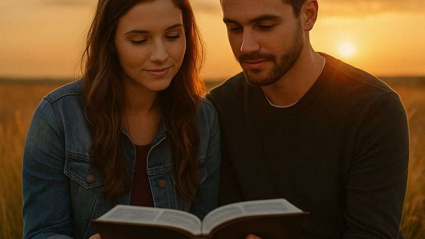 Homem e mulher sentados lado a lado em um campo, lendo juntos um livro aberto.