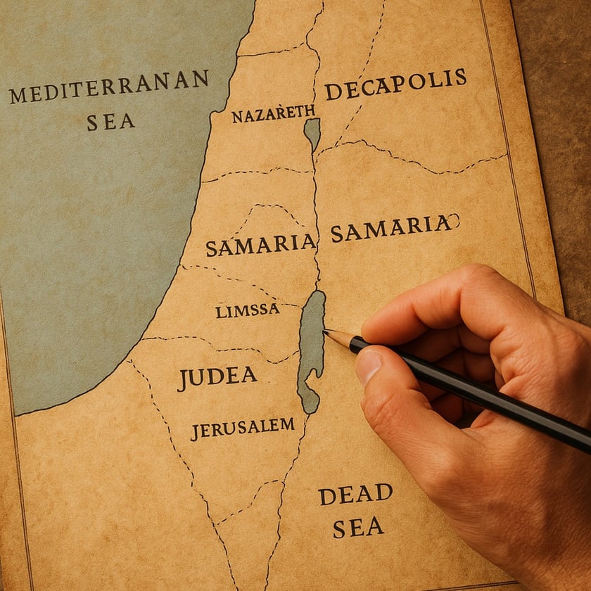 Mão segura lápis sobre mapa antigo com Judeia, Samaria e Jerusalém: "DEAD SEA".