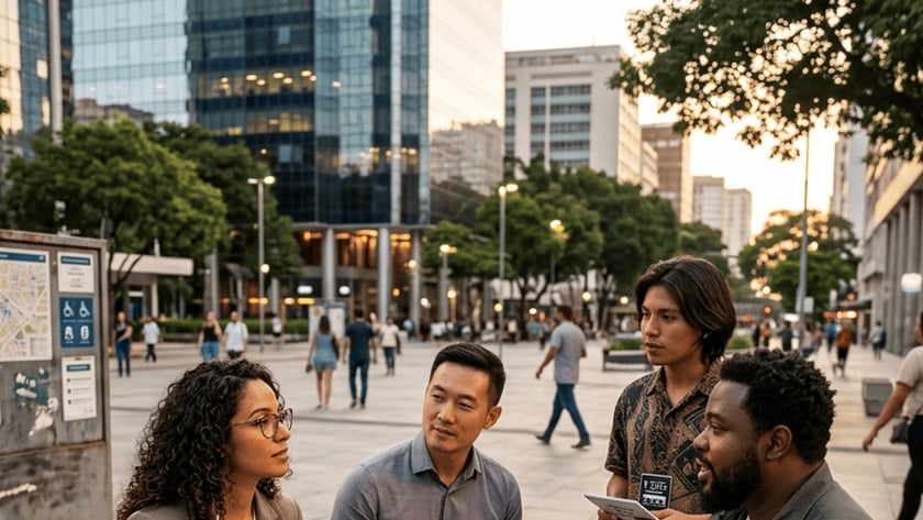 Quatro pessoas conversam numa praça urbana; um homem lê a Bíblia e uma mulher anota.