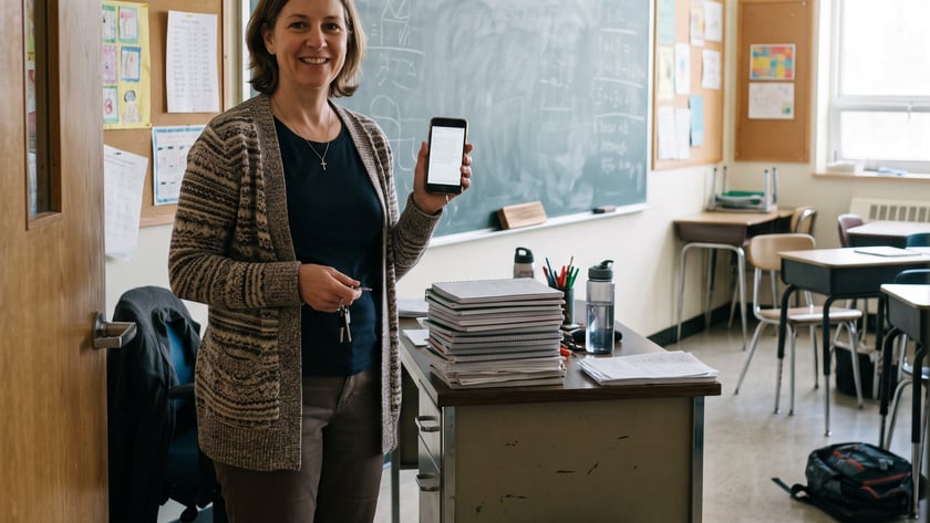 Mulher sorridente segura um celular em uma sala de aula, ao lado de uma mesa com cadernos