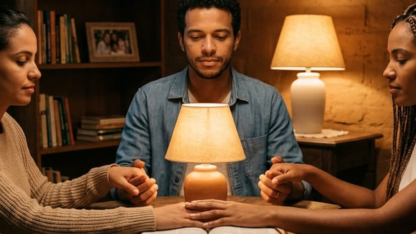 Homem e mulher de mãos dadas em volta de uma mesa, com uma Bíblia aberta.
